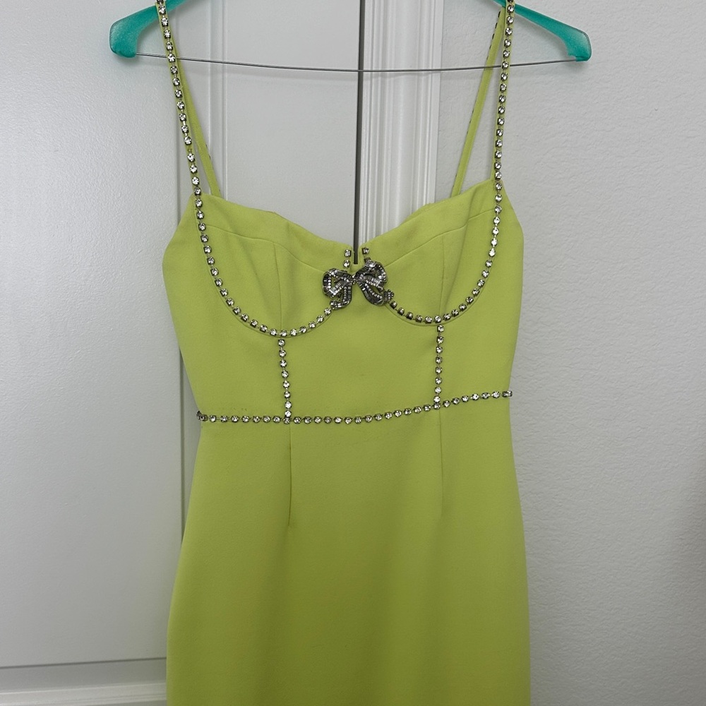 Self-Portrait Lime Green Rhinestone-Trim Mini Dress